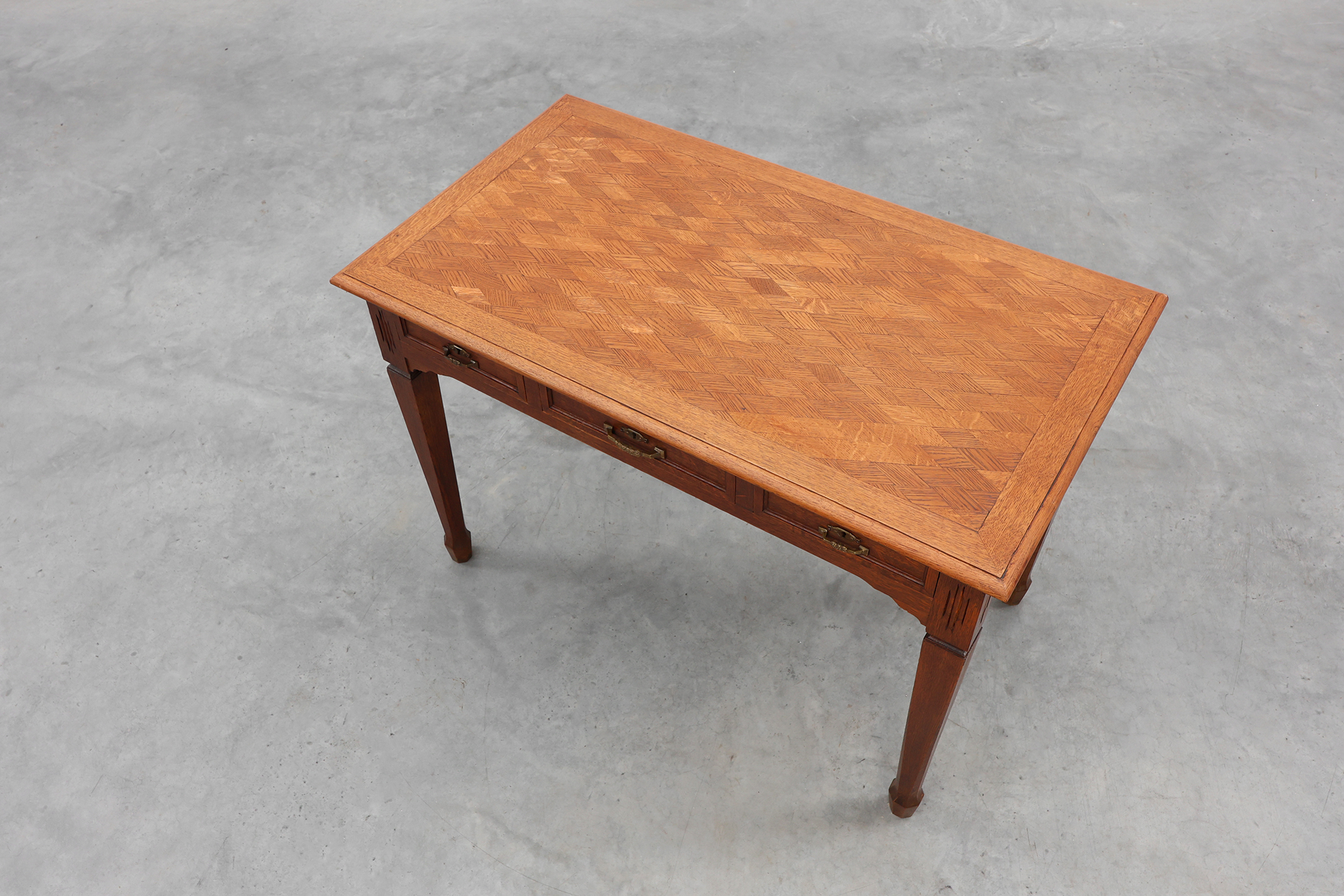 Art Deco carved oak Desk or Table with copper details, Belgium 1920sthumbnail